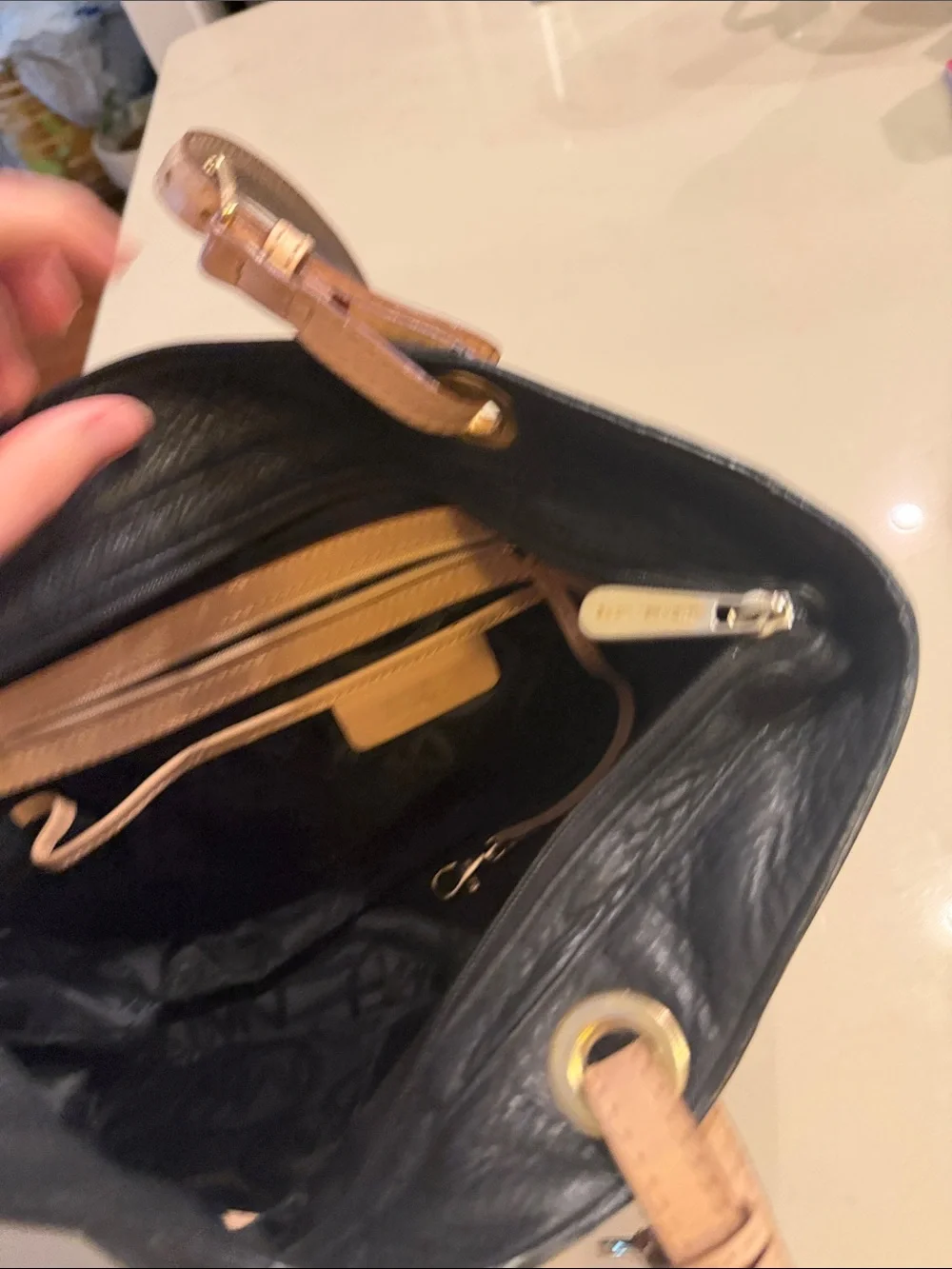 Michael Kors Black Leather Tote with Tan Straps and Gold MK Charm
